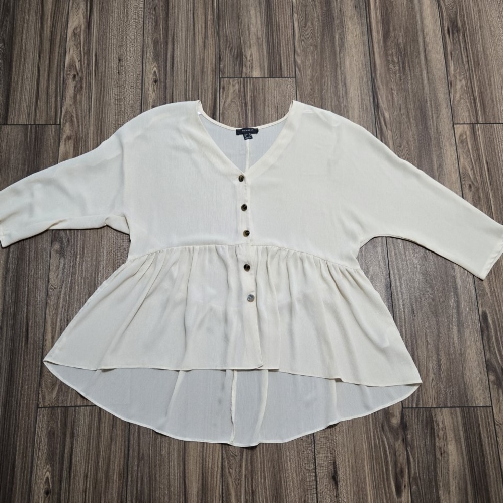 Primark Cream V-Neck Button Front Peplum Blouse High Low Top Size 12 (L)